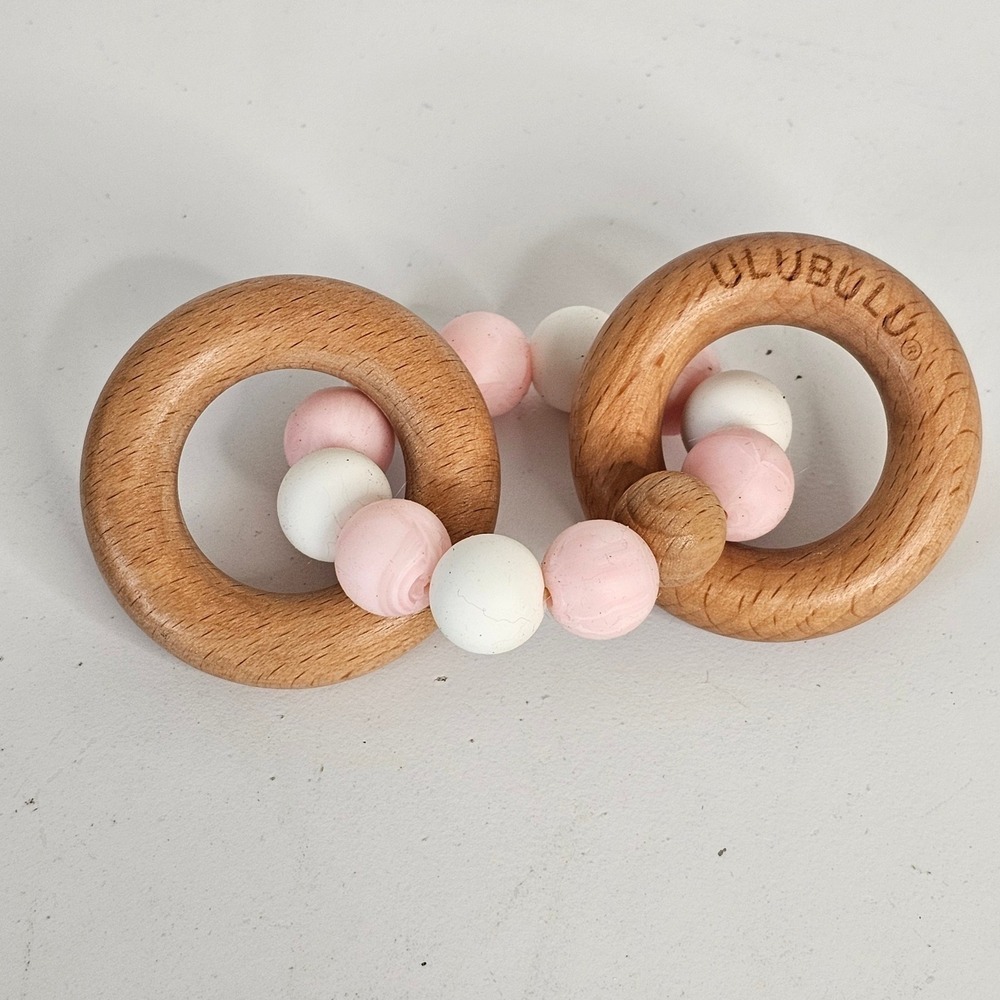 Ulubulu Wooden Silicone Baby Teether Rattle Pink White Marbled Beads Boho Toy‎